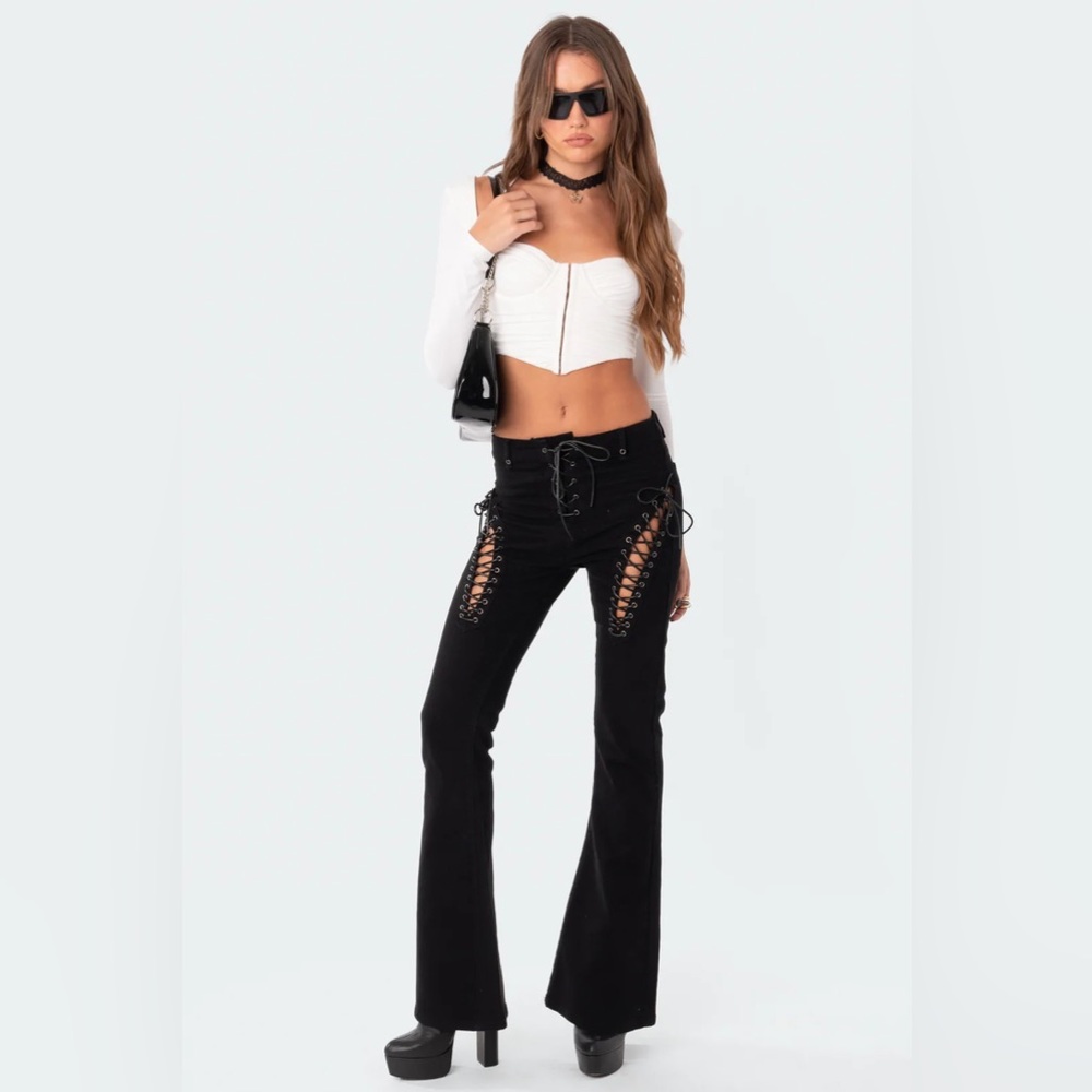 Edikted Black Lace-Up Boot Cut Pants